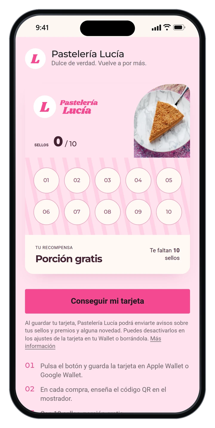 El cliente escanea el QR del mostrador y ve la tarjeta de la cafetería lista para guardar