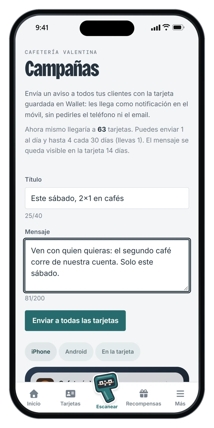 Pantalla de campañas con un aviso de 2x1 listo para enviar